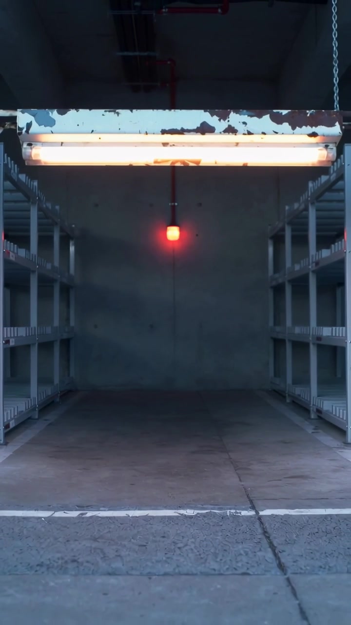 Vertical video: Brightening garage bay with shelving as ceiling light starting and red lamp glowing