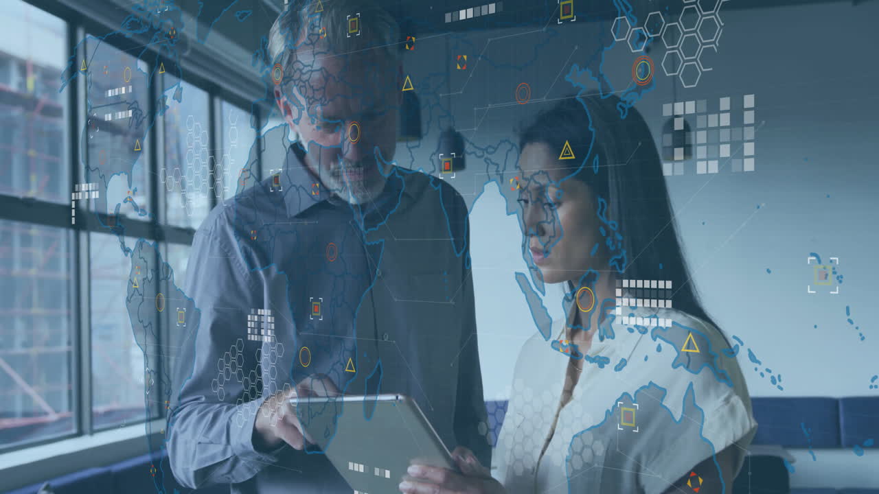 Global data network animation over business professionals discussing information on tablet