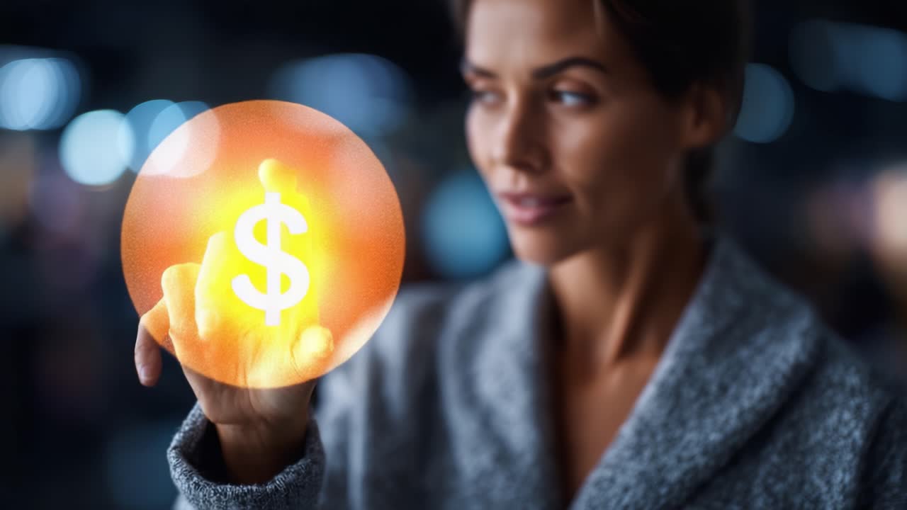 Concept tecnologico innovativo che mostra una donna con un ologramma a forma di dollaro, a simboleggiare la finanza e la valuta digitale in un ambiente moderno