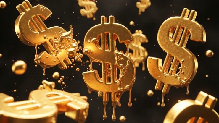 Accattivanti simboli del dollaro dorati immersi in oro liquido, che creano una sinfonia visiva dinamica di ricchezza e prosperità