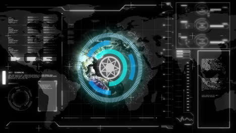animación de pantallas digitales con procesamiento de datos, globo y mapa del mundo