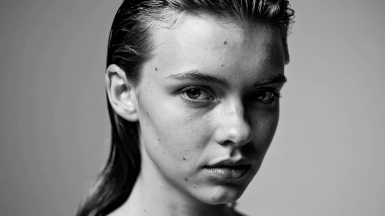 Modelo virando enquanto a câmera se aproxima, inclinada em estúdio para um close-up com cabelo molhado e ombros à mostra