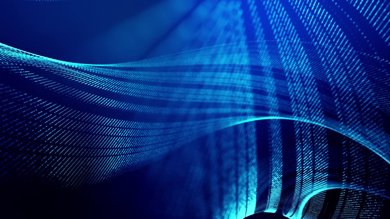 loop 4k sfondo astratto di particelle luminose forma linee, superfici come paesaggio futuristico nel cyberspace o ologramma. tema sci-fi di microworld, nanotecnologia o spazio cosmico. spirale blu 5