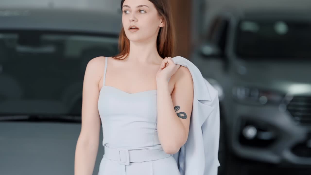 차를 배경으로 비즈니스 정장을 입고 아름답게 포즈를 취한 매력적인 젊은 여성