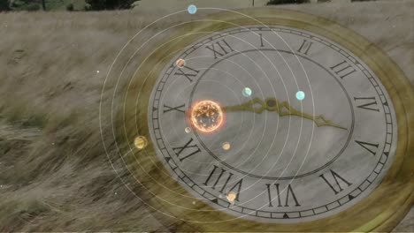 animation of solar system, planets and space over field and clock ticking