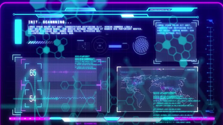 Animation of chemical formula over data processing on black background