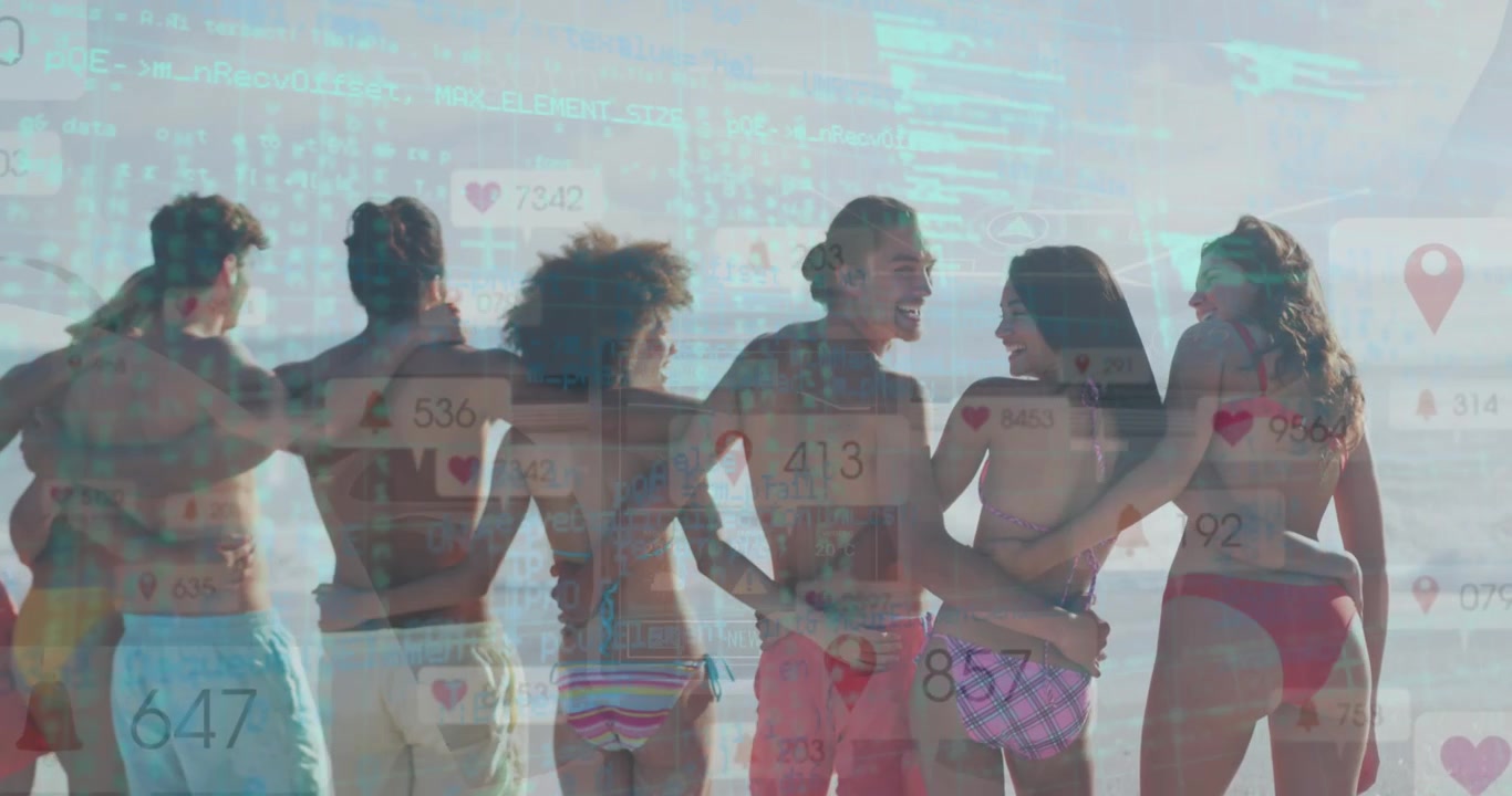 Animazione di codici e icone di notifica sulla vista posteriore di amici diversi in piedi sulla spiaggia