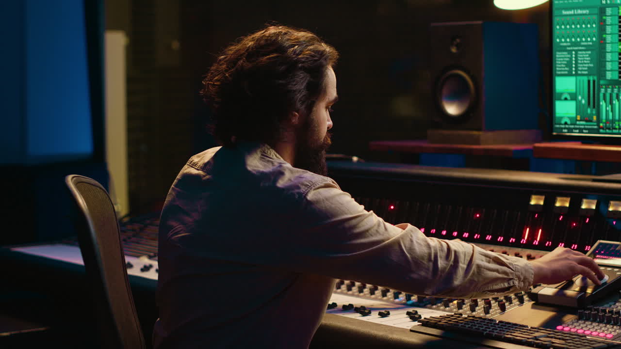 retrato de un productor musical trabajando en una sala de control en un estudio profesional