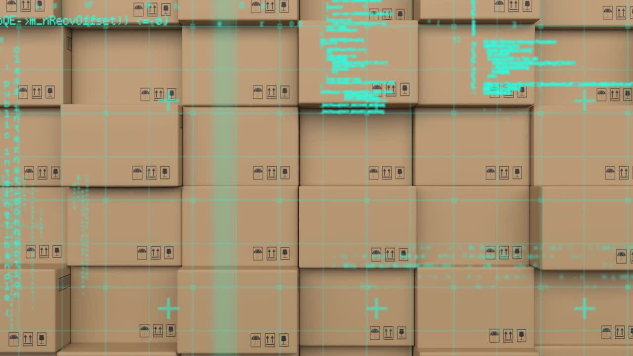 animación del procesamiento de datos sobre una pila de cajas de cartón