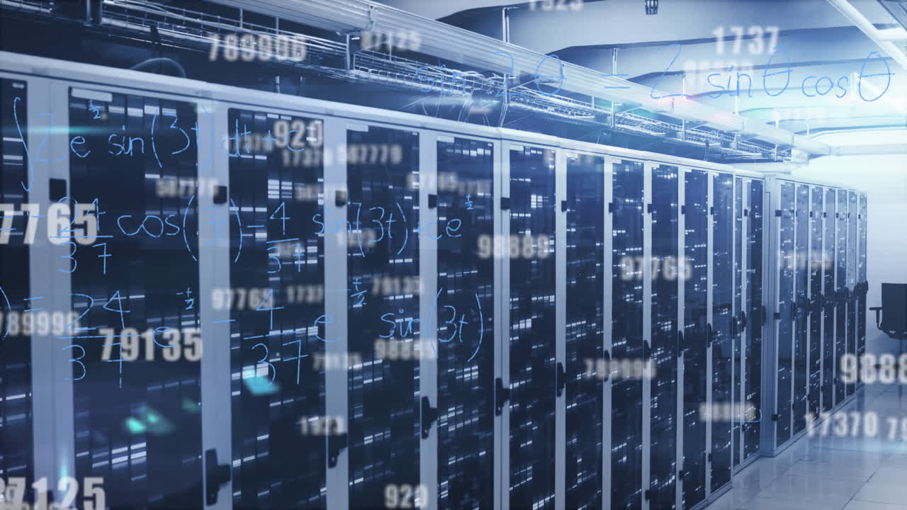 Animation of changing numbers and mathematical equations against mosaic squares over server room