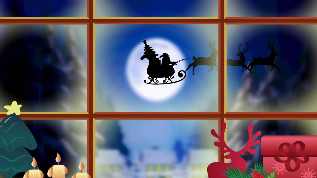 Animation of santa claus in sleigh with reindeer seen through window and christmas decorations