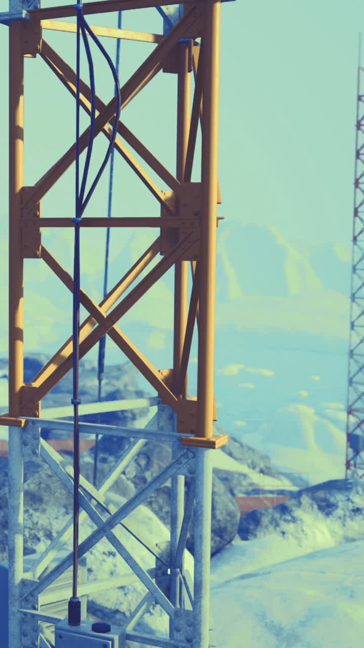 Snowy mountain landscape with communication towers illuminated by soft light