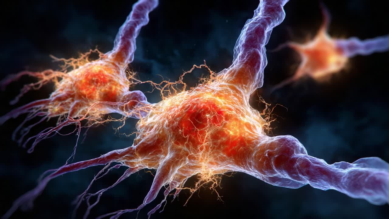 Intricate Neural Networks in Close-Up Detail: A Stunning Visualization of Neurons Firing with Glowing Connections Amidst a Dark Background