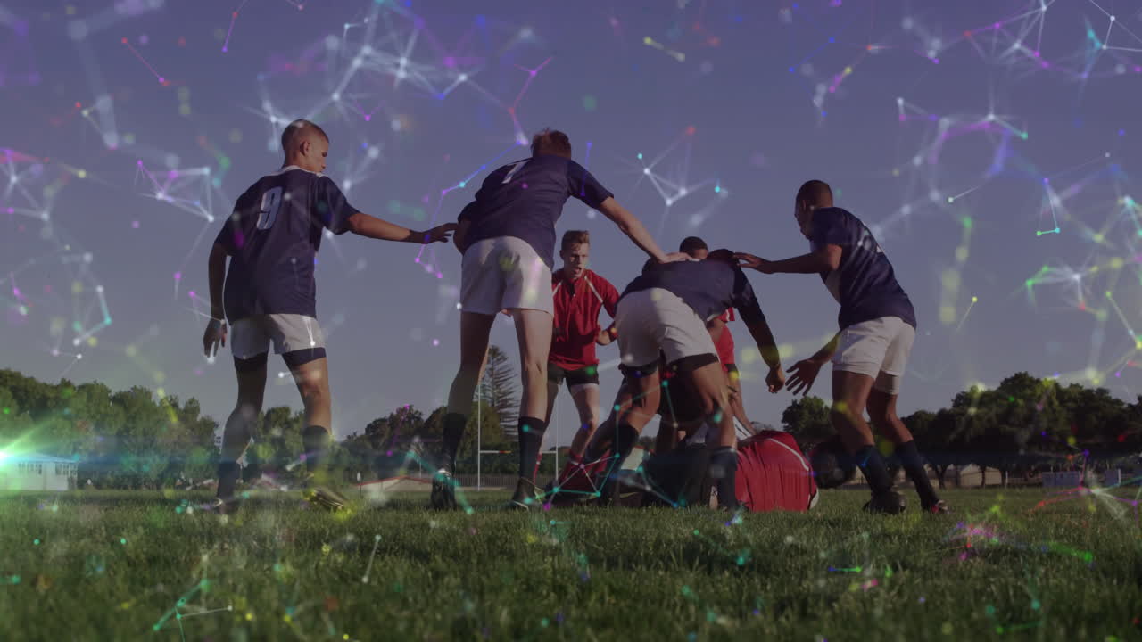 Rugby players in action on field with colorful network animation overlay