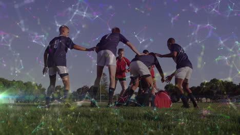 rugby players in action on field with colorful network animation overlay