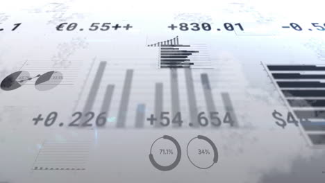 financial data and statistics animation over abstract background with charts and graphs