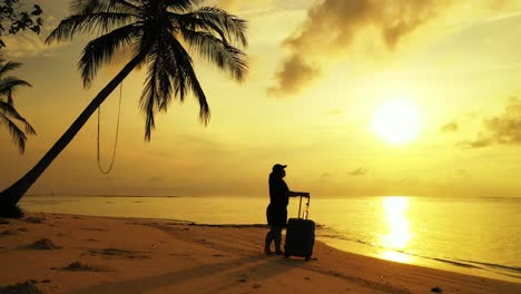 beautiful golden sunset over the sandy beach with palms and woman holding the luggage