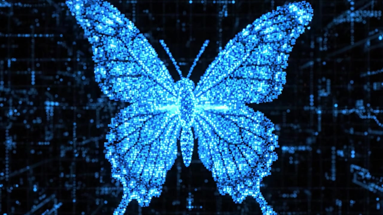 A Captivating Transformation of a Digital Blue Butterfly: From an Elegant Iconic Image to a Dynamic Burst of Vibrant Particles in a Stunning Visual Representation