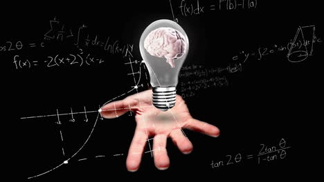 animation of mathematical equations over caucasian man holding light bulb on black background
