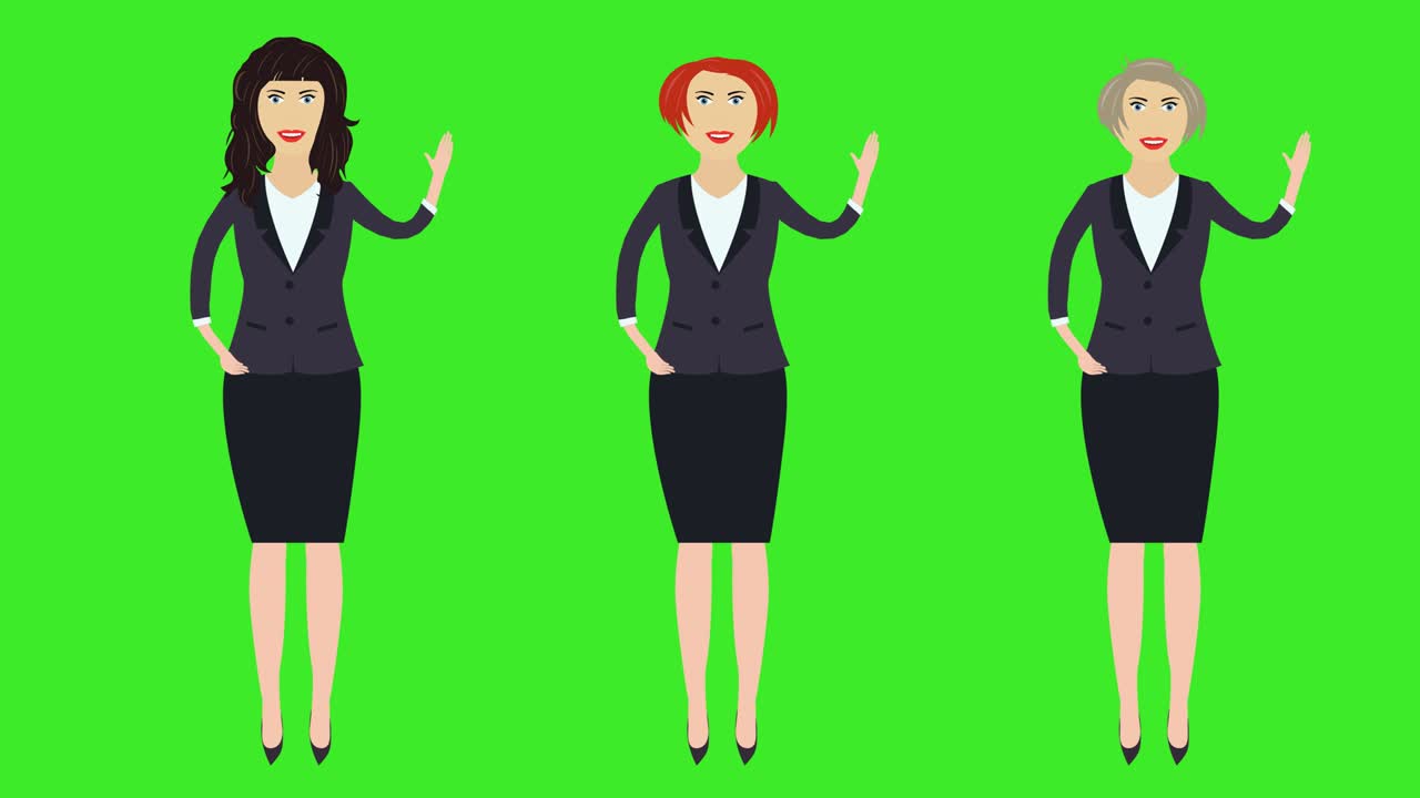 세 개의 비즈니스 여성 세트, 인사, 손으로 환영 제스처, 만화 애니메이션, 녹색 화면 크로마 키