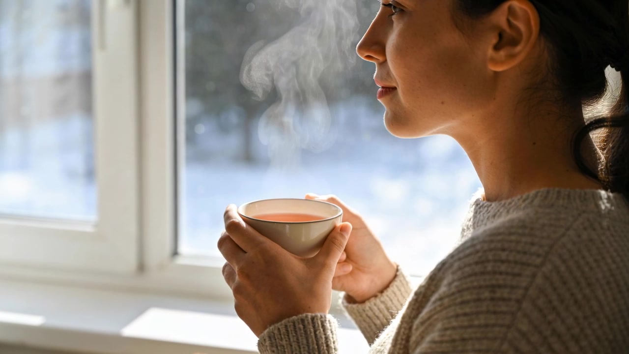Mujer con suéter sosteniendo una taza, con vista nevada, cerrando los ojos mientras mira por la ventana, espacio para texto.