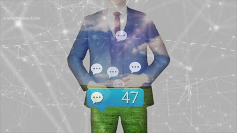 animación de las redes sociales y conexiones sobre empresario caucásico usando en traje de paisaje
