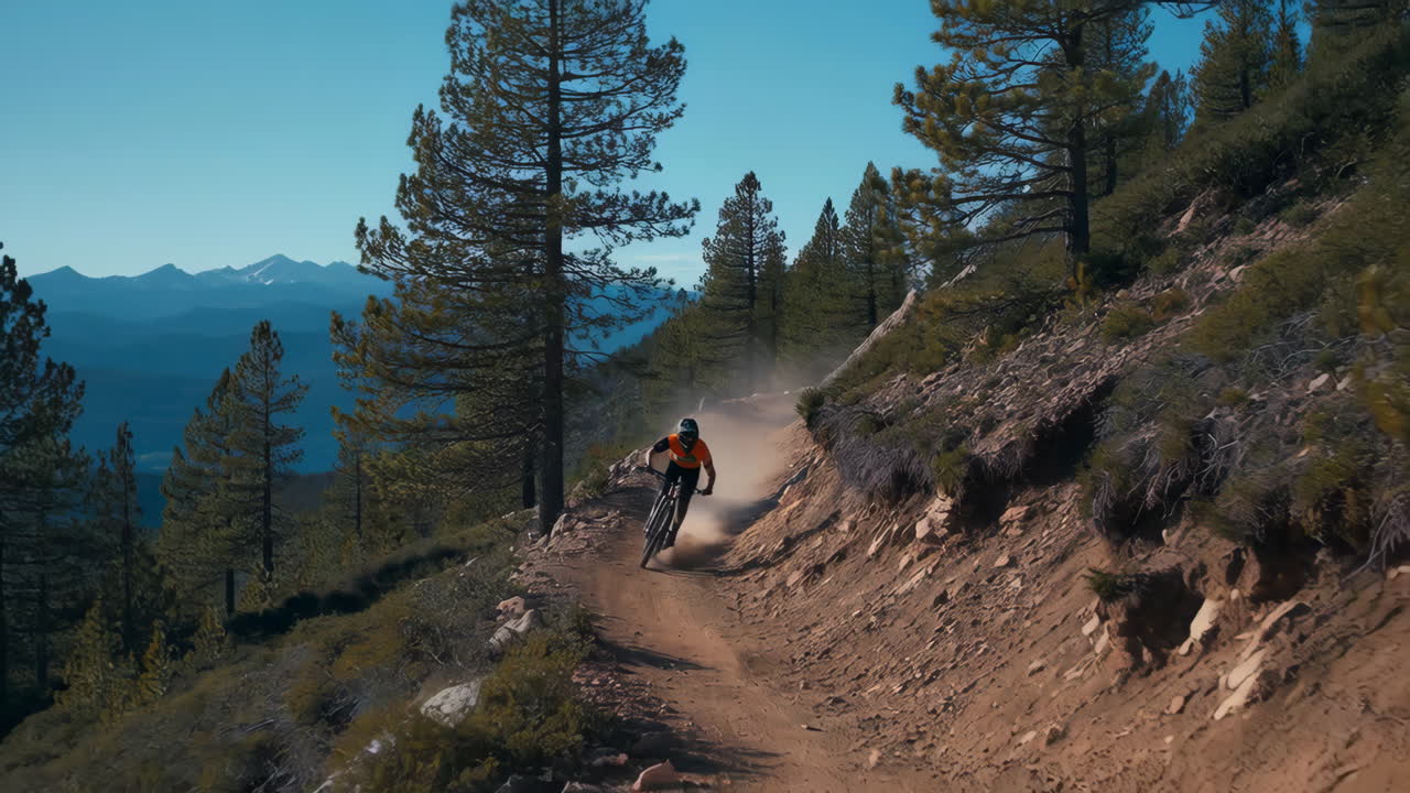 Mountain Biker on a Dusty Downhill Forest Trail