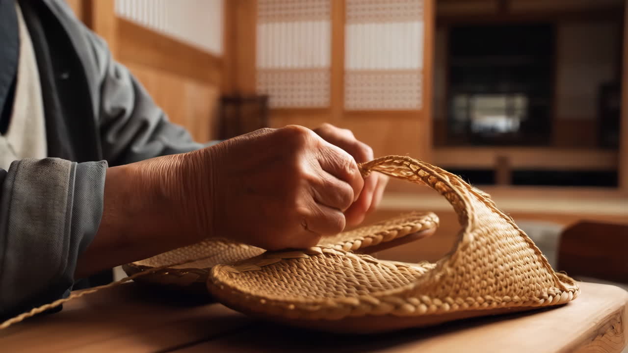 Close-up of hands weaving traditional straw crafts