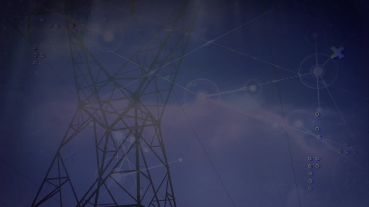 Animation of network of connections and abstract shapes over network tower against sunset sky
