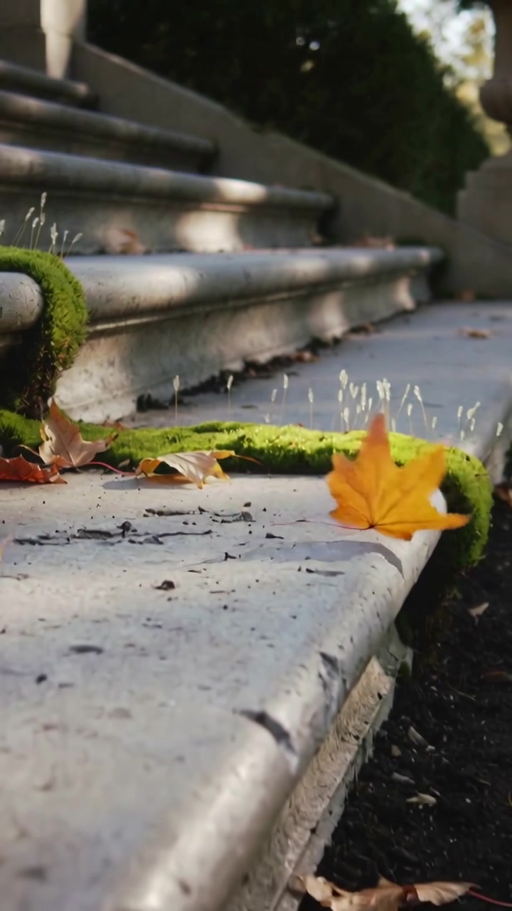 Vertical video: Breeze lifting leaf tumbling across mossy front steps to rest near tiny moss stalks