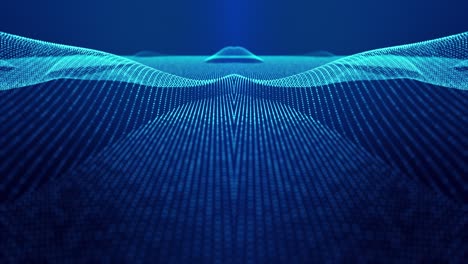 sci-fi abstract theme with particle mirror waves. 4k looped abstract blue background of glow particles form curved lines, surfaces simmetrical structures. digital bg with particle hologram.
