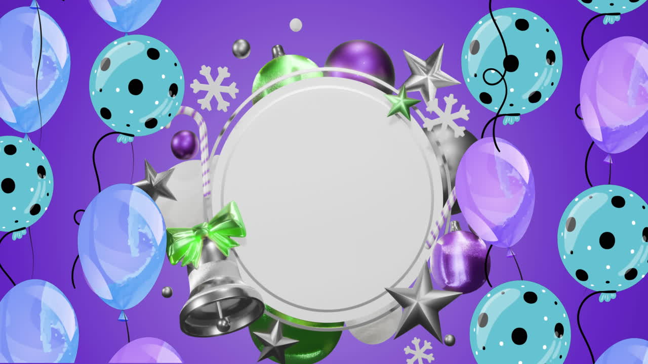 animación de globos y decoraciones navideñas sobre un círculo con espacio de copia sobre un fondo púrpura