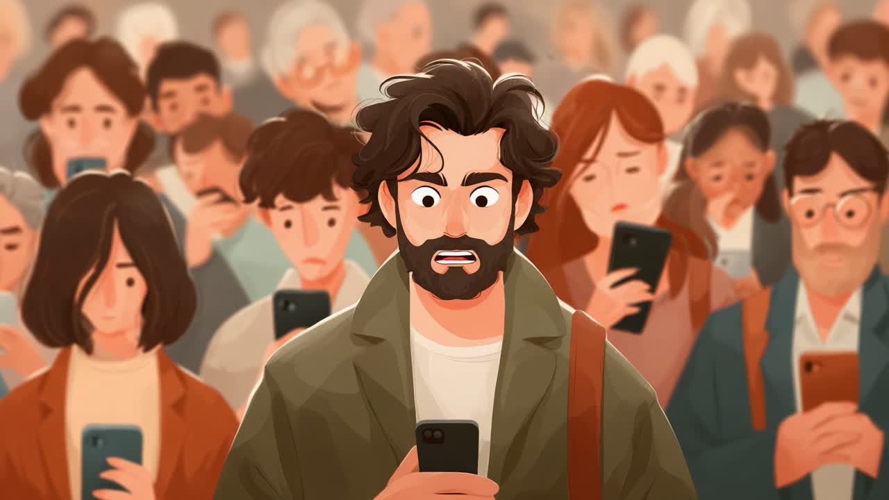 A Young Man's Moment of Panic Among a Crowded Group of People Obliviously Engrossed in Their Phones, Capturing the Struggle of Connection in a Digital Age