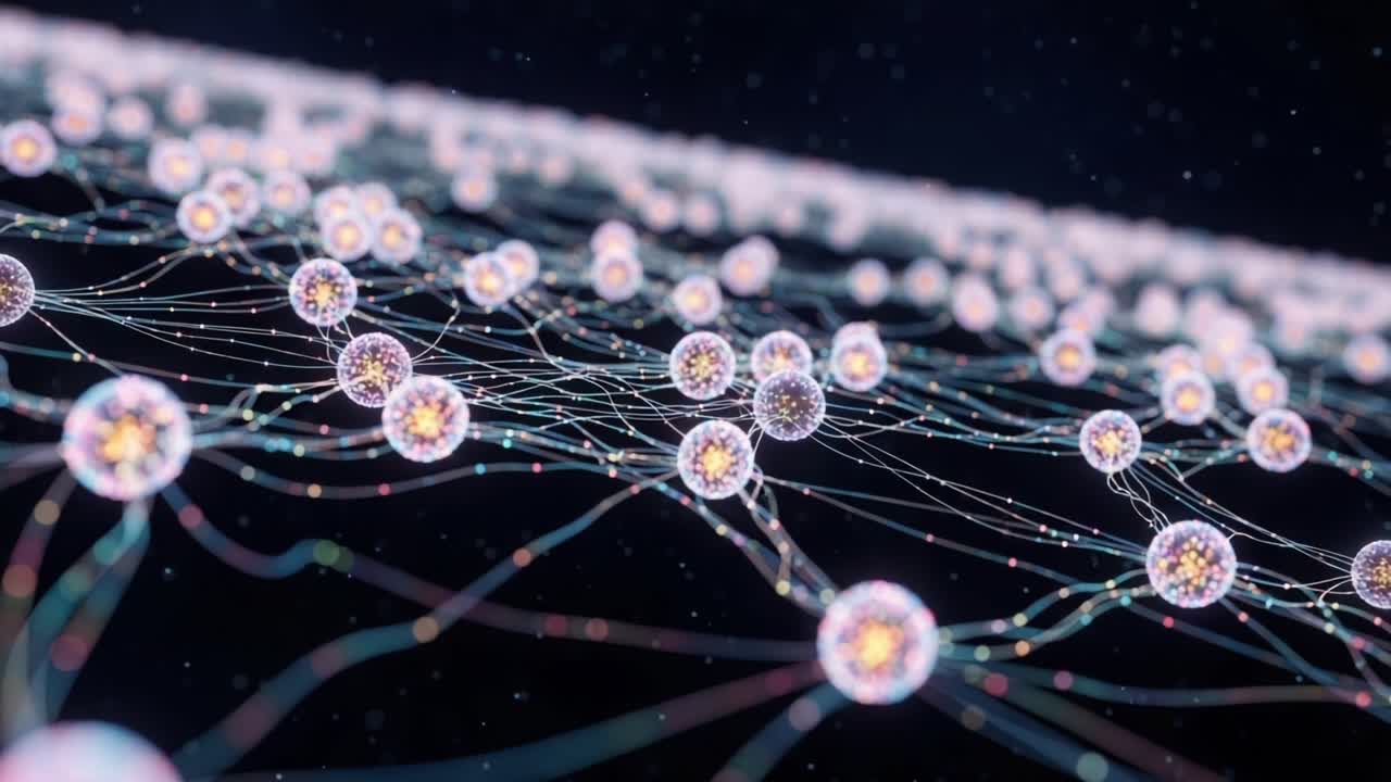A mesmerizing visual interplay of luminous spheres interconnected by delicate threads, showcasing a captivating representation of complex networks and dynamic interactions in a digital realm