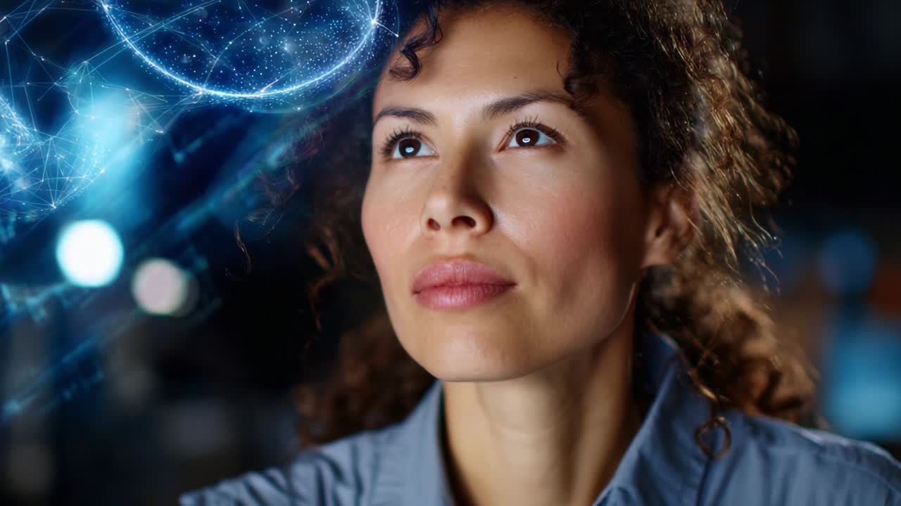 A contemplative individual gazes upward, immersed in innovative thoughts, symbolizing creativity and inspiration in a tech-driven environment, with visual elements representing ideas and possibilities