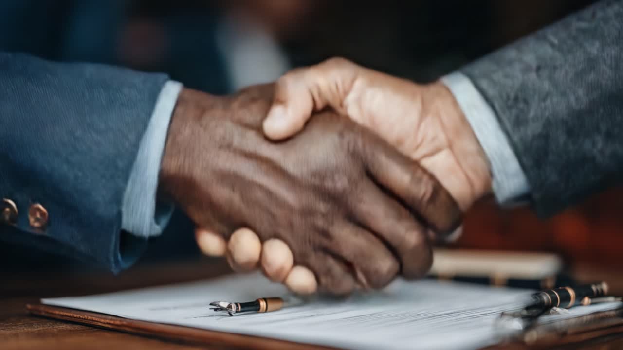 A Momentous Agreement: Two Individuals Engaging in a Firm Handshake Over Essential Documents, Signifying Trust, Partnership, and Future Collaborations