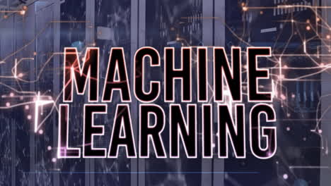 Animation of machine learning text, navigation pattern over connected dots on data server racks