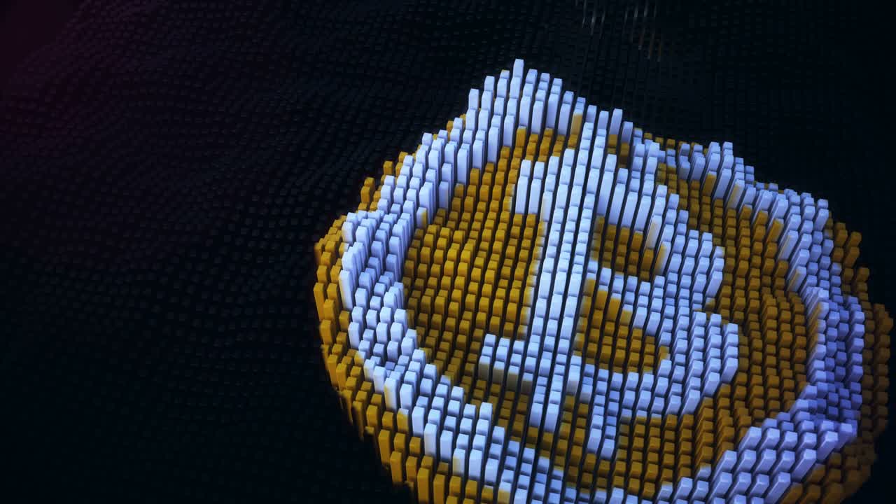 Bitcoin symbol assembled from mined data blocks.