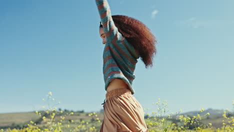 happy, woman and dance in field with flowers