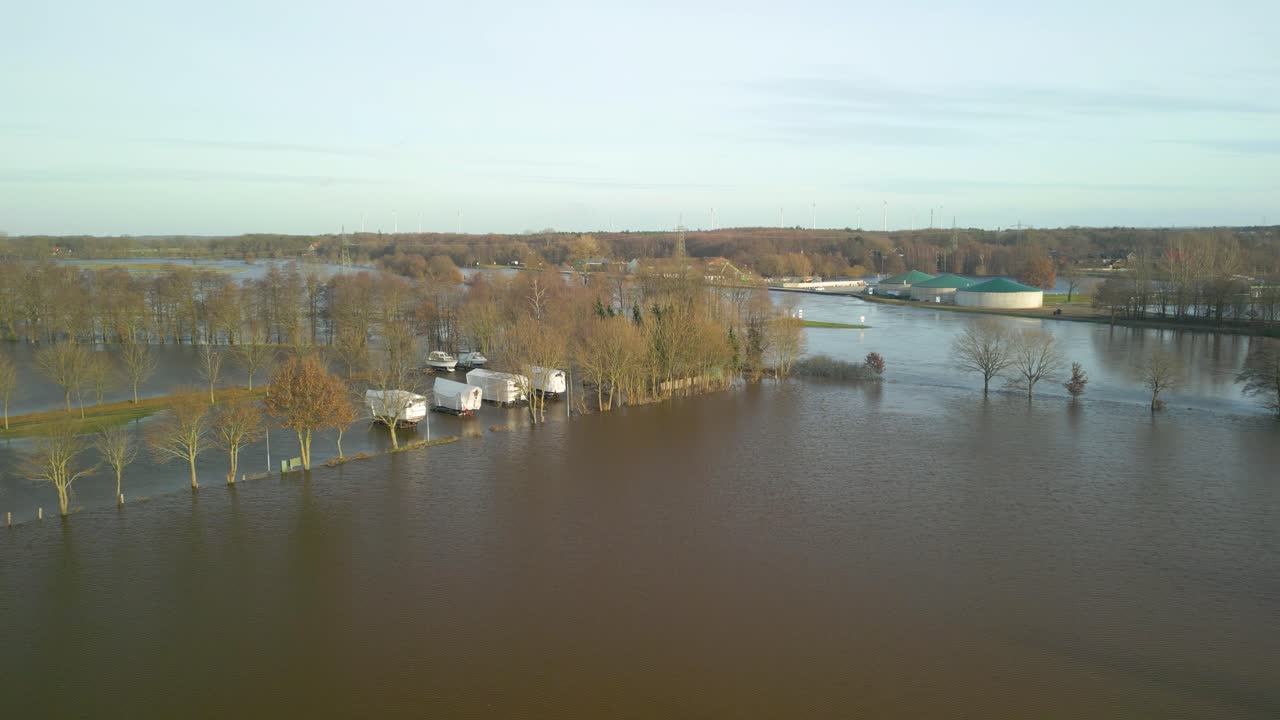 Recreational Vehicles Parked On Flooded Floodplains In Emsland, Germany