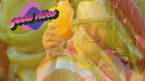 animación de buenas vibraciones texto con un hombre caucásico mayor sosteniendo una bebida