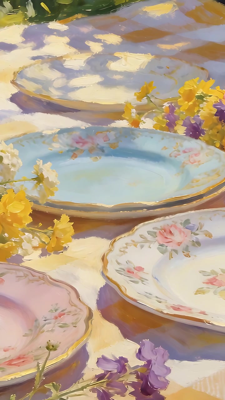 Vertical video: Shifting sunlight and breeze showing china plates on checked garden table, flowers