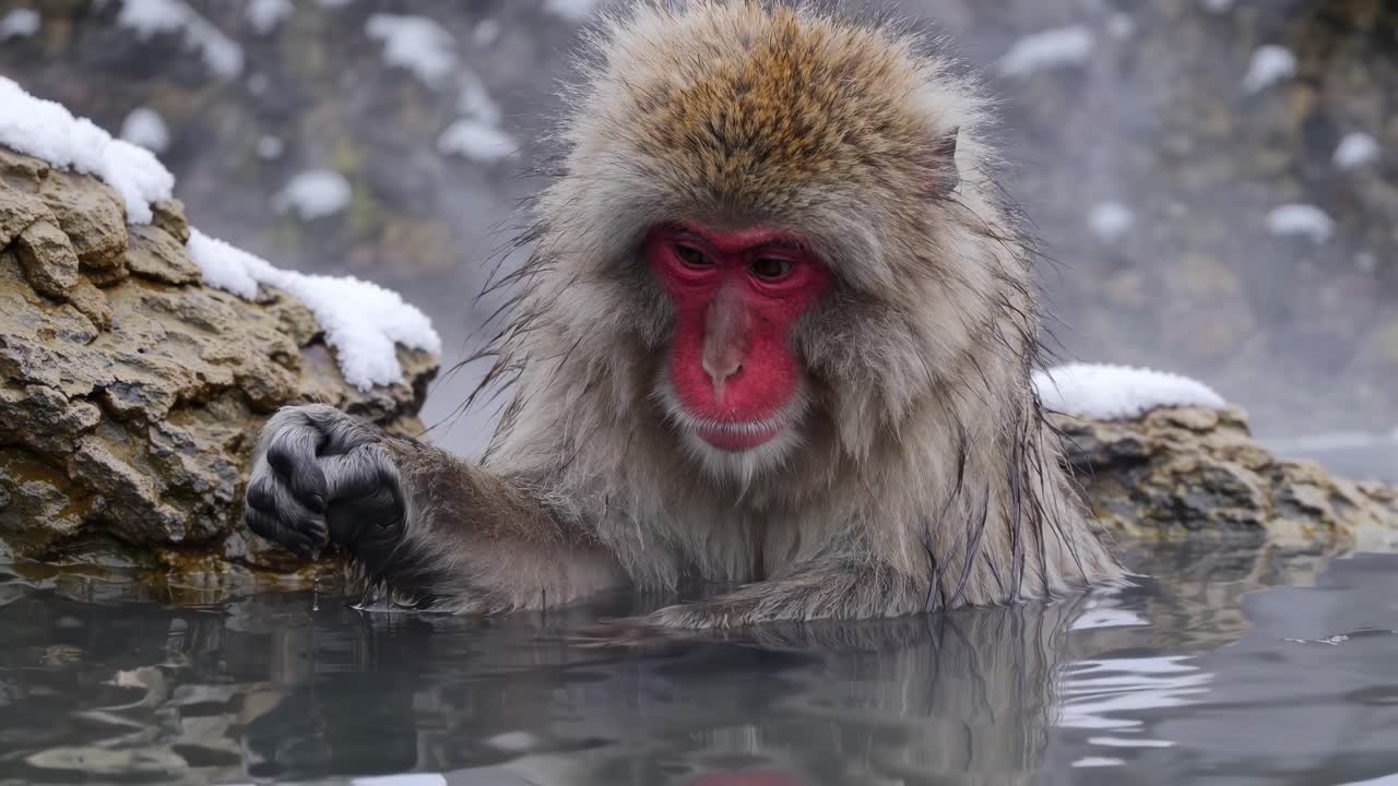 A serene video captures a Japanese macaque in a hot spring, with a side angle showcasing the snowy