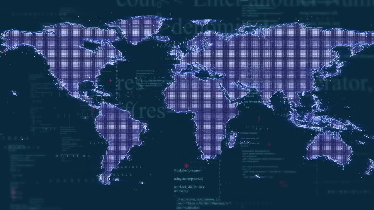 Cursor hovering initiating scan, purple world map pulsing markers shifting to dotted grid for data
