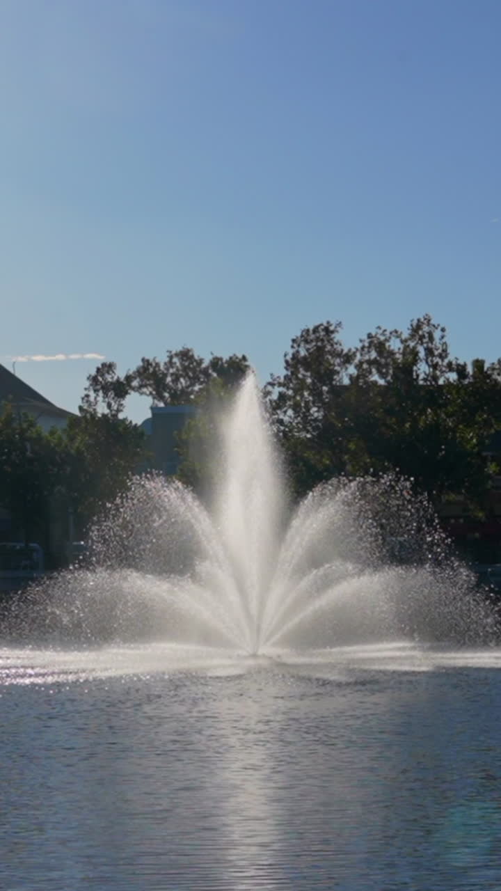 Vertical video of elegant fountain spraying water under clear blue sky in tranquil park. Sunlight creates sparkling reflections, enhancing the serene atmosphere. Ideal for mobile
