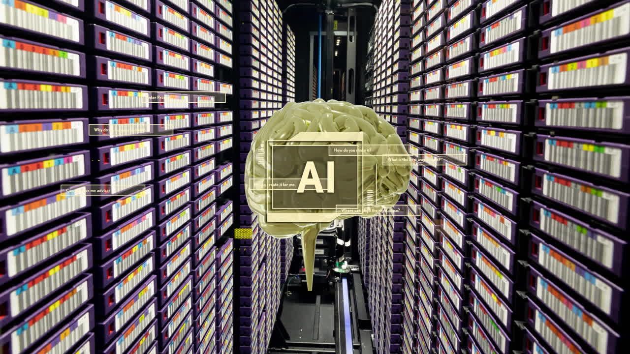 Animation of ai text, brain and data processing over computer servers