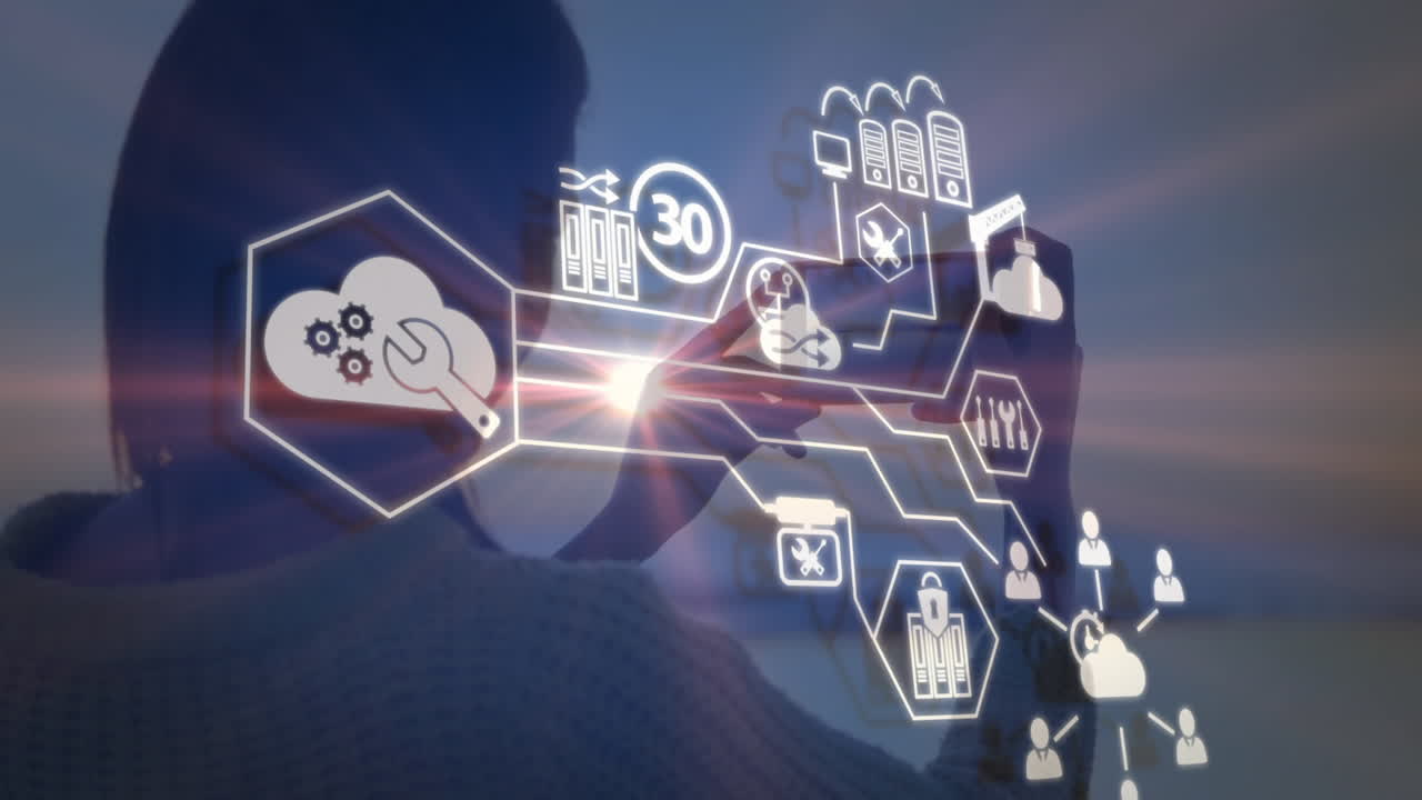 animación de iconos digitales sobre la vista trasera de una mujer afroamericana tomando una foto en la playa