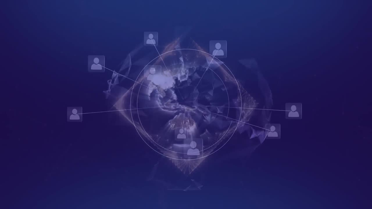 보라색 바탕에 전 세계에 있는 사람들과의 연결 네트워크의 애니메이션 아이콘