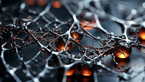 intricate web structure with glowing orbs captured in soft lighting