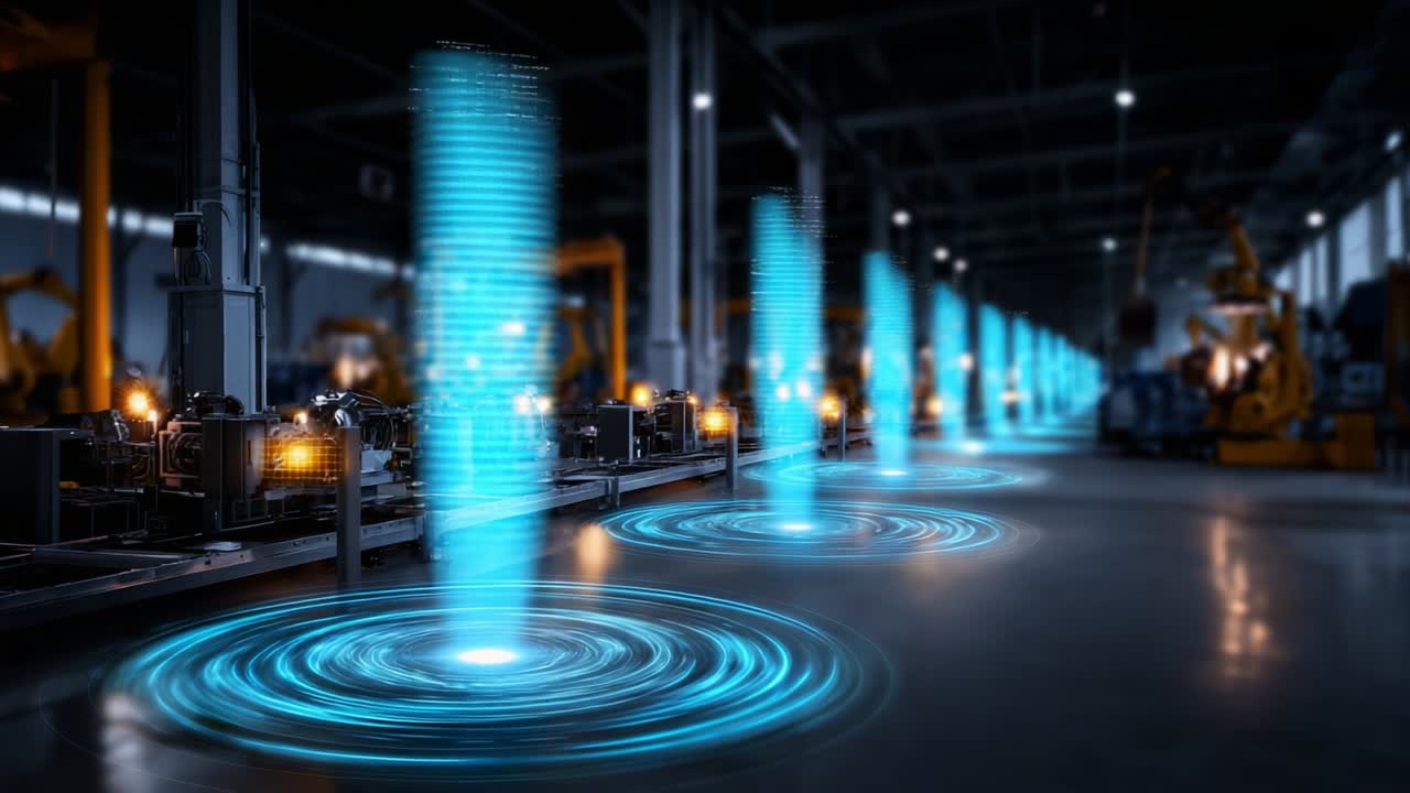 A Futuristic Industrial Scene Highlighting Advanced Robotics and Automated Processes; The Journey of Innovation Captured in Two Frames, Showcasing Dynamic Energy Patterns on the Factory Floor